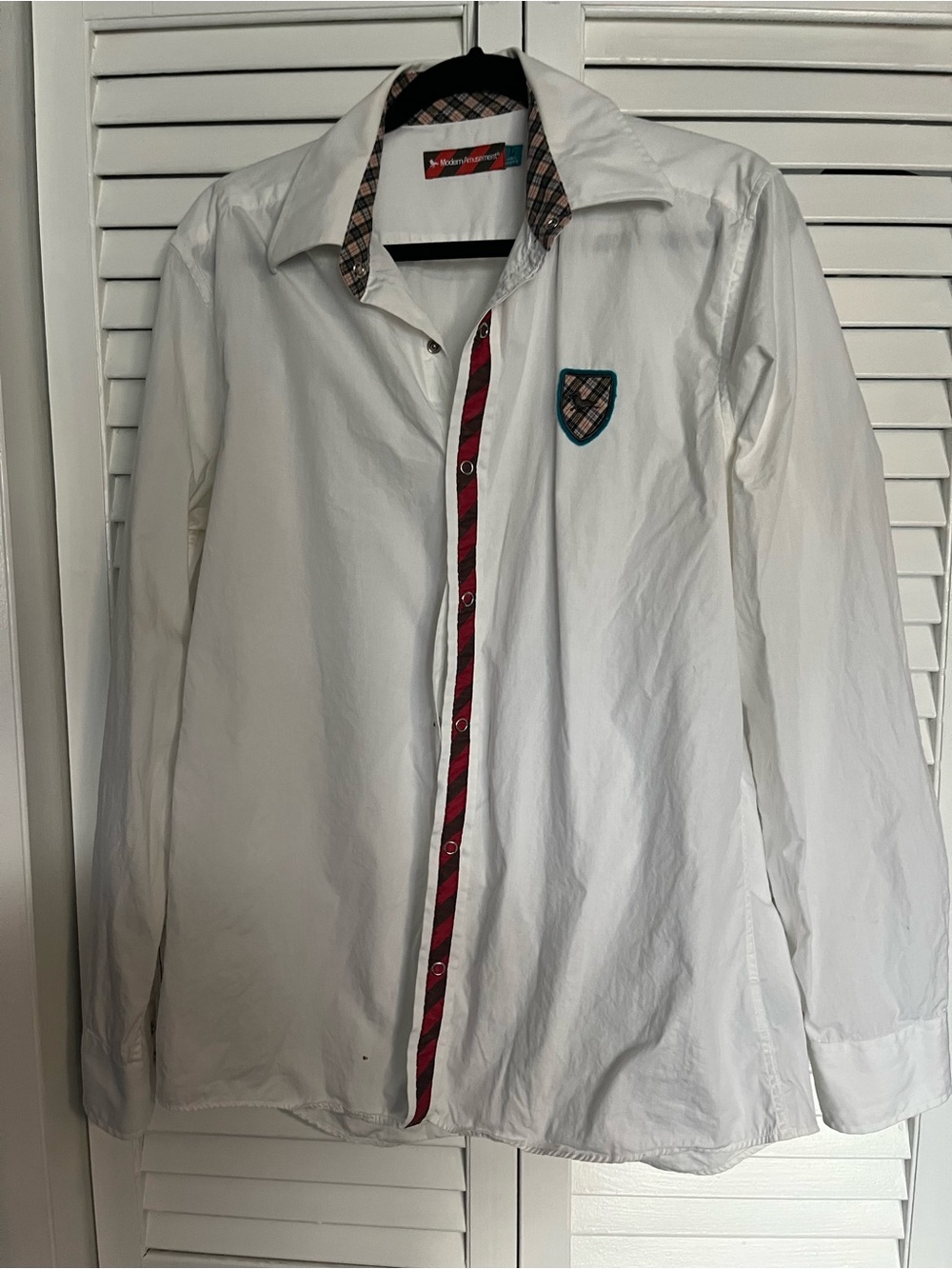 Men's White Button-Up Shirt with Plaid Trim